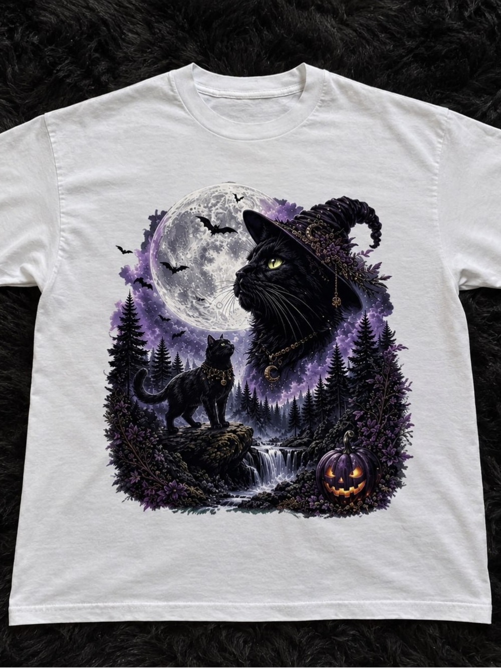 Black & Purple Witch Cat Gildan White Long Sleeve Tee Graphic